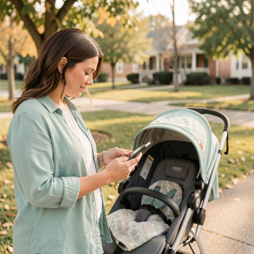 A parent checking her phone beside a stroller in a neighborhood park