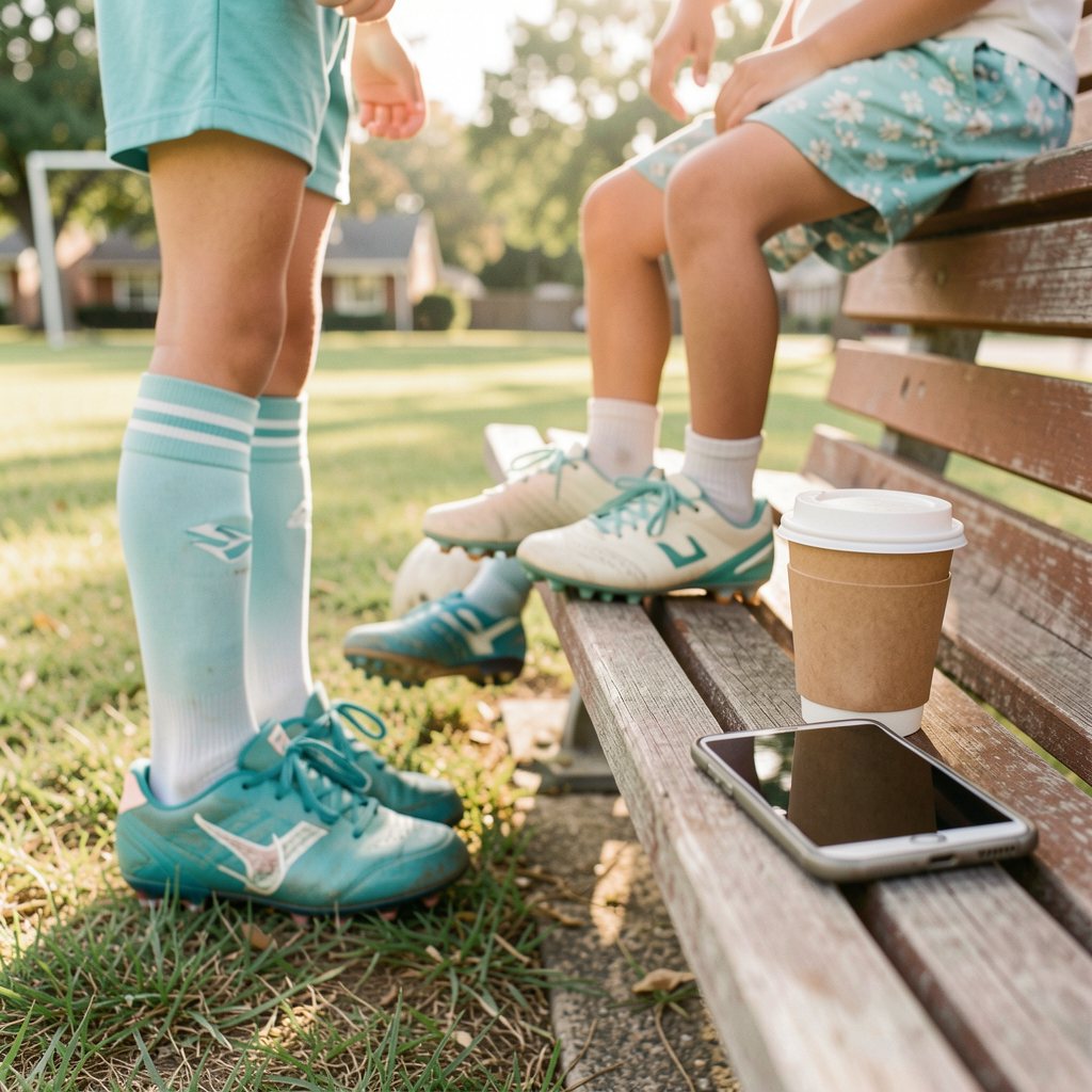 Kids at a local soccer field with a phone and coffee on a bench