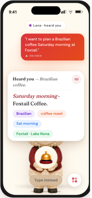 Lana app screen turning a spoken Brazilian coffee hosting request into structured meet details